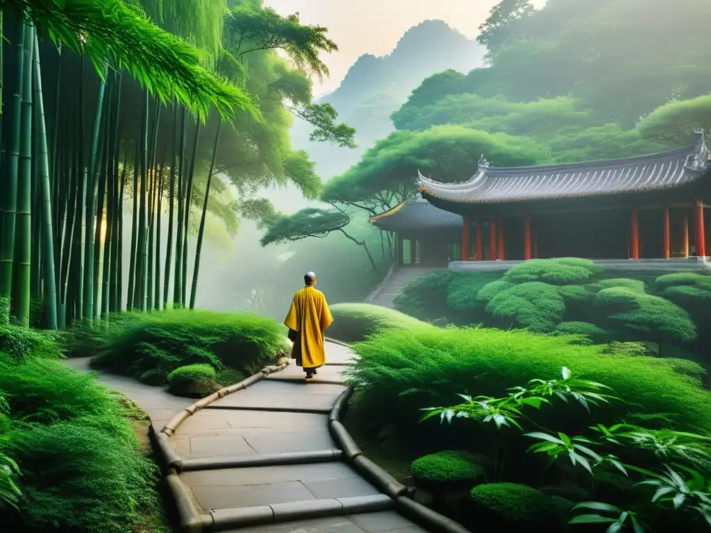 Un sendero de montaña sereno y neblinoso atraviesa bosques verdes, flanqueado por bambúes y esculturas de filósofos confucianos