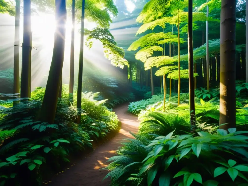 Un sendero serpenteante atraviesa un frondoso bosque, bañado por la luz del sol