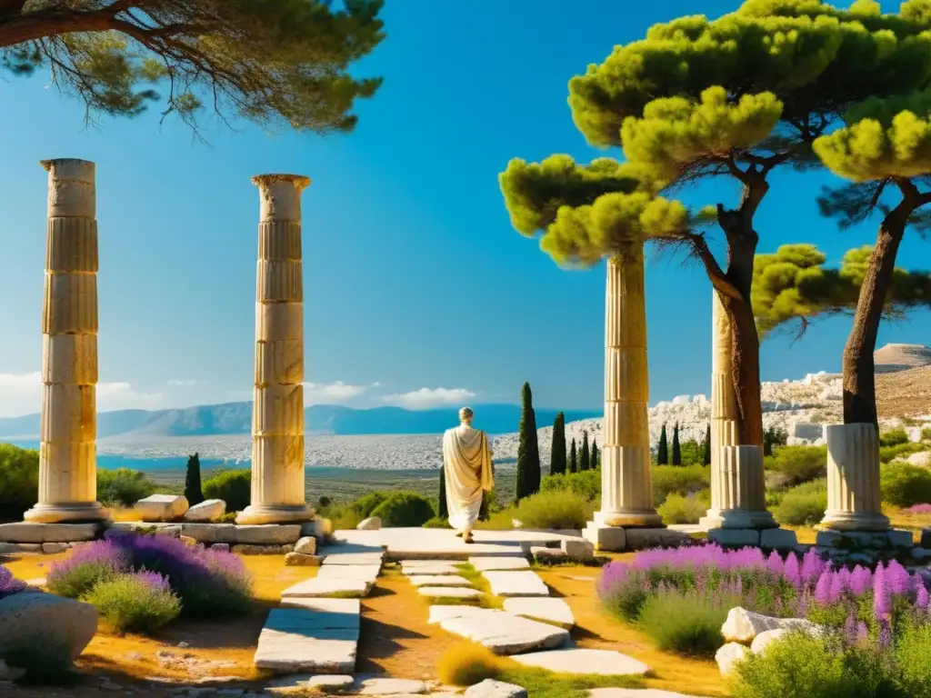 Sendero soleado entre cipreses y ruinas de escuela filosófica en la antigua Grecia