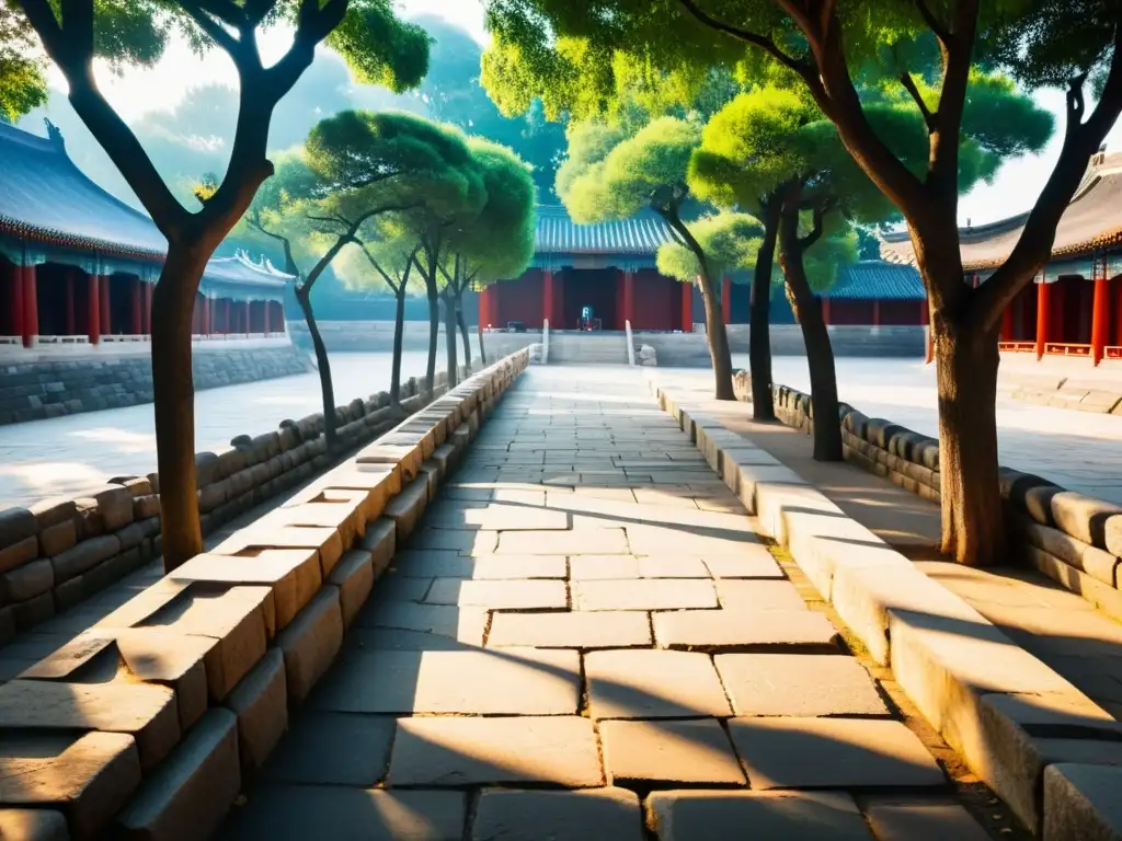 Senderos de la Filosofía China: Antiguo camino de piedra rodeado de árboles centenarios y arquitectura tradicional en el Templo de Confucio en Qufu, China