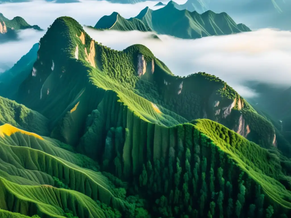 Senderos de la Filosofía China: Imagen 8k de las místicas Montañas Amarillas de China, con picos envueltos en neblina y exuberante vegetación, evocando belleza y serenidad