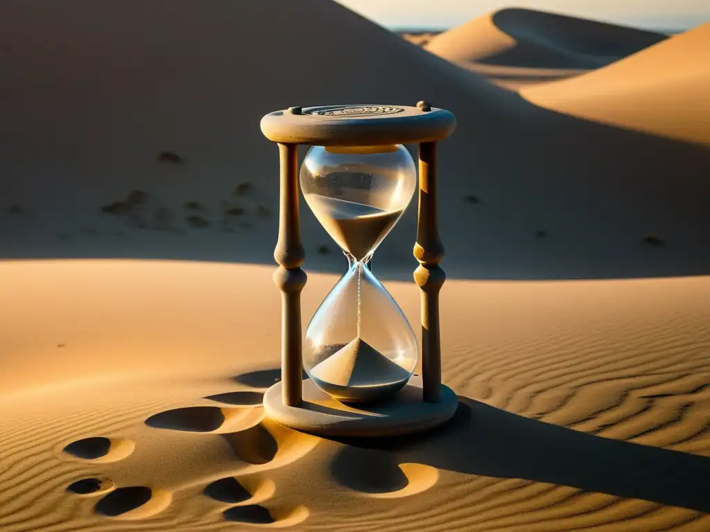 Una fotografía serena y sepia de un antiguo reloj de arena, parcialmente cubierto por las arenas del tiempo, descansando sobre piedra desgastada
