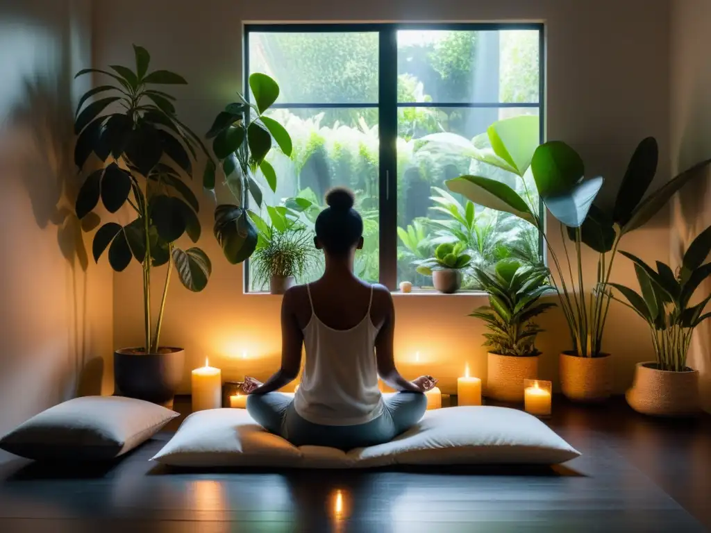Meditación serena en una habitación iluminada por la luz del sol, con plantas y velas, inspirando cambios cerebrales práctica meditación neurociencia