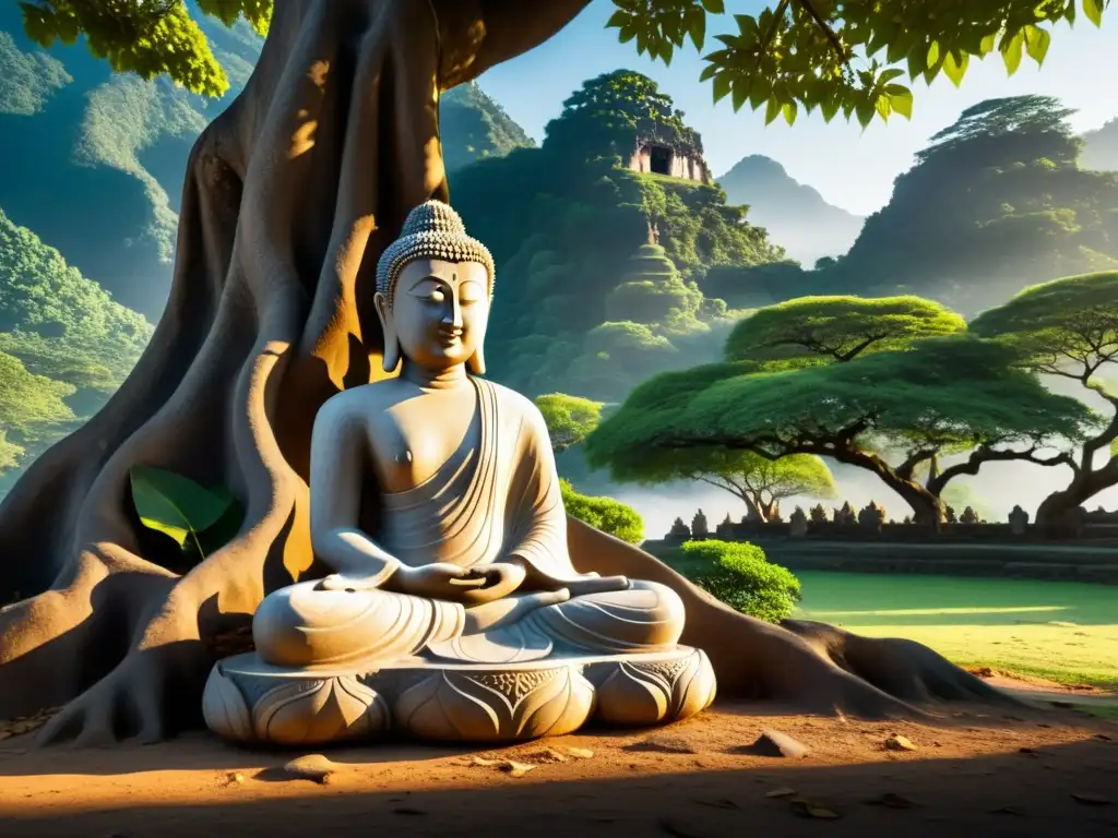 Serenidad oriental: Buda meditando bajo árbol bodhi, detalle en su túnica, luz filtrándose entre hojas