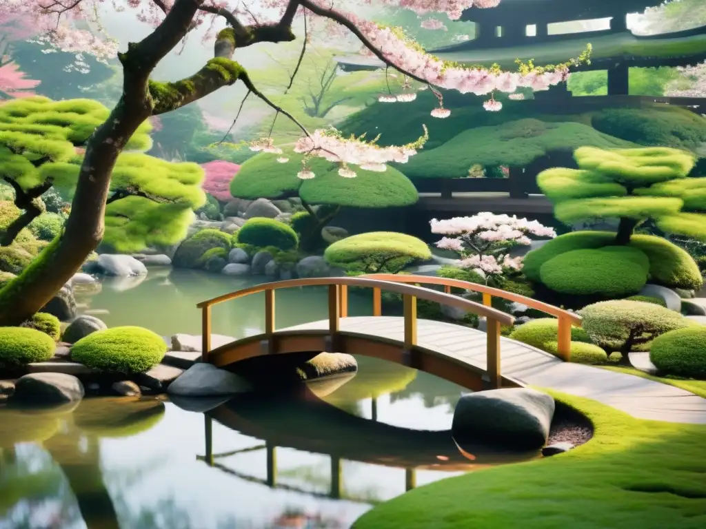 Práctica de filosofía Zen para serenidad: Jardín japonés sereno con puente de madera, lago y árbol de cerezo en flor