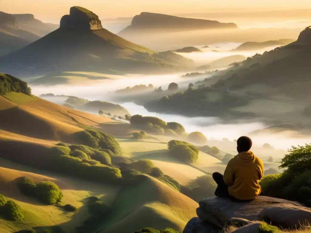 Un sereno amanecer en la montaña con una figura meditando