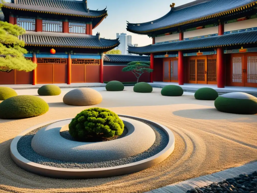Un jardín de piedra sereno y antiguo entre la arquitectura china tradicional y rascacielos modernos