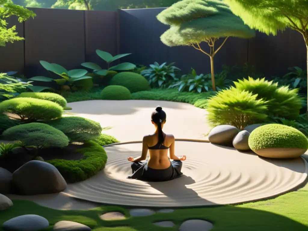 Un jardín zen sereno con arena rastrillada, rocas cuidadosamente colocadas y vegetación exuberante