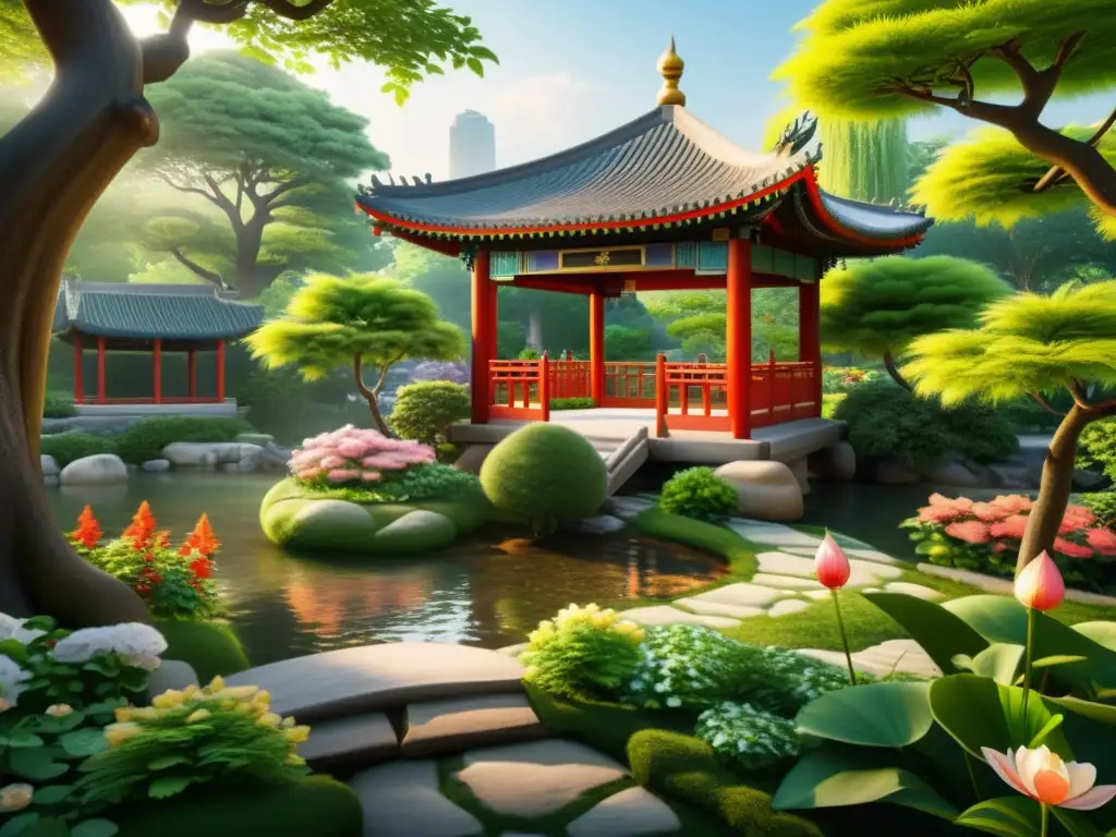 Jardín sereno con arroyo, árboles antiguos, flores vibrantes y pabellón chino