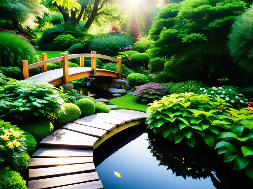 Jardín sereno con arroyo, reflejando colores vibrantes y luz filtrada entre árboles