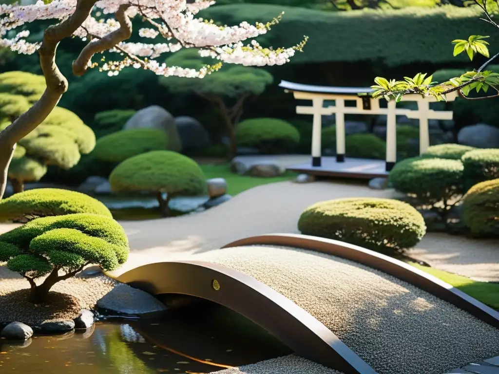 Jardín japonés sereno con bonsái, linterna de piedra y arroyo