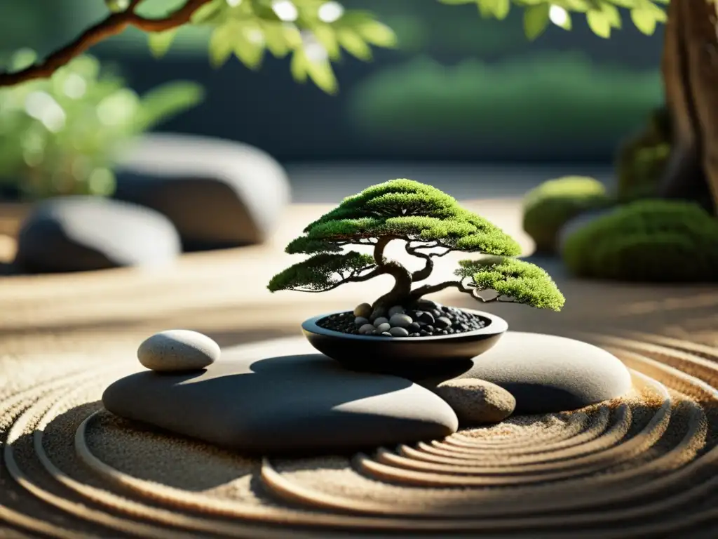 Un jardín Zen sereno en blanco y negro con un bonsái y práctica de filosofía Zen para serenidad