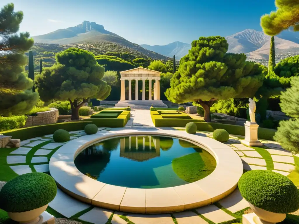 Jardín sereno de Epicuro, lleno de exuberante vegetación, esculturas de mármol e un tranquilo estanque