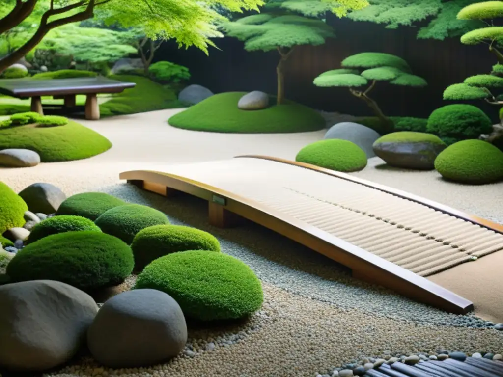 Un jardín Zen sereno y equilibrado con un río, puente japonés y un practicante de meditación bajo un cerezo en flor