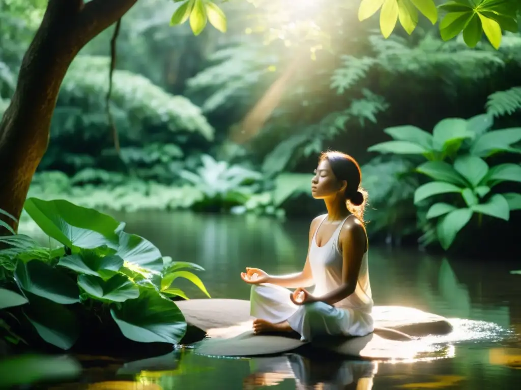 Un sereno escenario natural, una persona meditando con los ojos cerrados en medio de la exuberante vegetación y el agua fluyendo suavemente