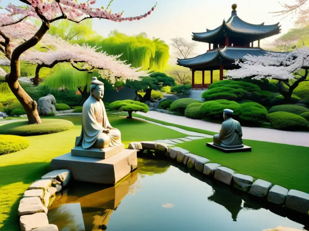 Jardín sereno con estatuas de Confucio, árboles de cerezos en flor y practicantes contemporáneos del Confucianismo en reflexión