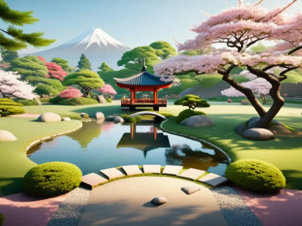 Jardín japonés sereno con vegetación exuberante, arco de madera tradicional y estanque tranquilo