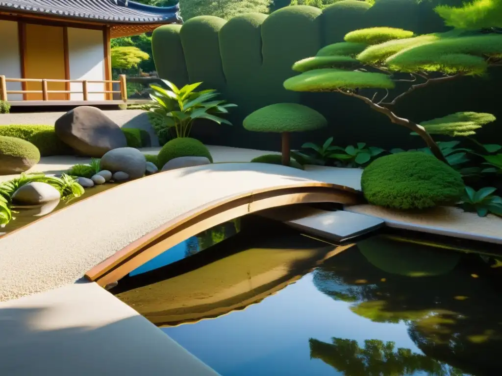 Un jardín zen sereno y exuberante con arena rastrillada, rocas y vegetación