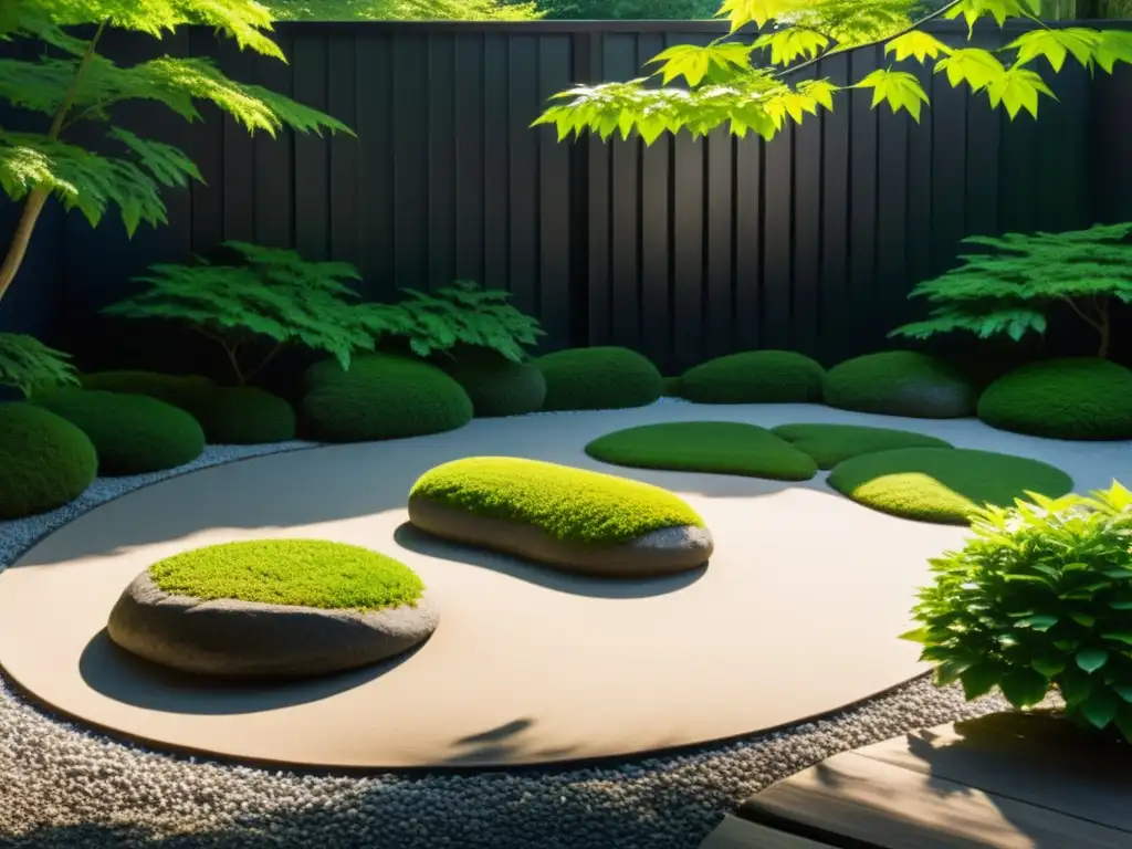 Un jardín Zen sereno, con grava rastrillada, rocas y vegetación exuberante