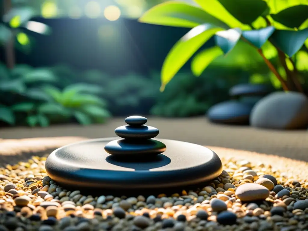 Jardín Zen sereno con gravilla, piedras y vegetación