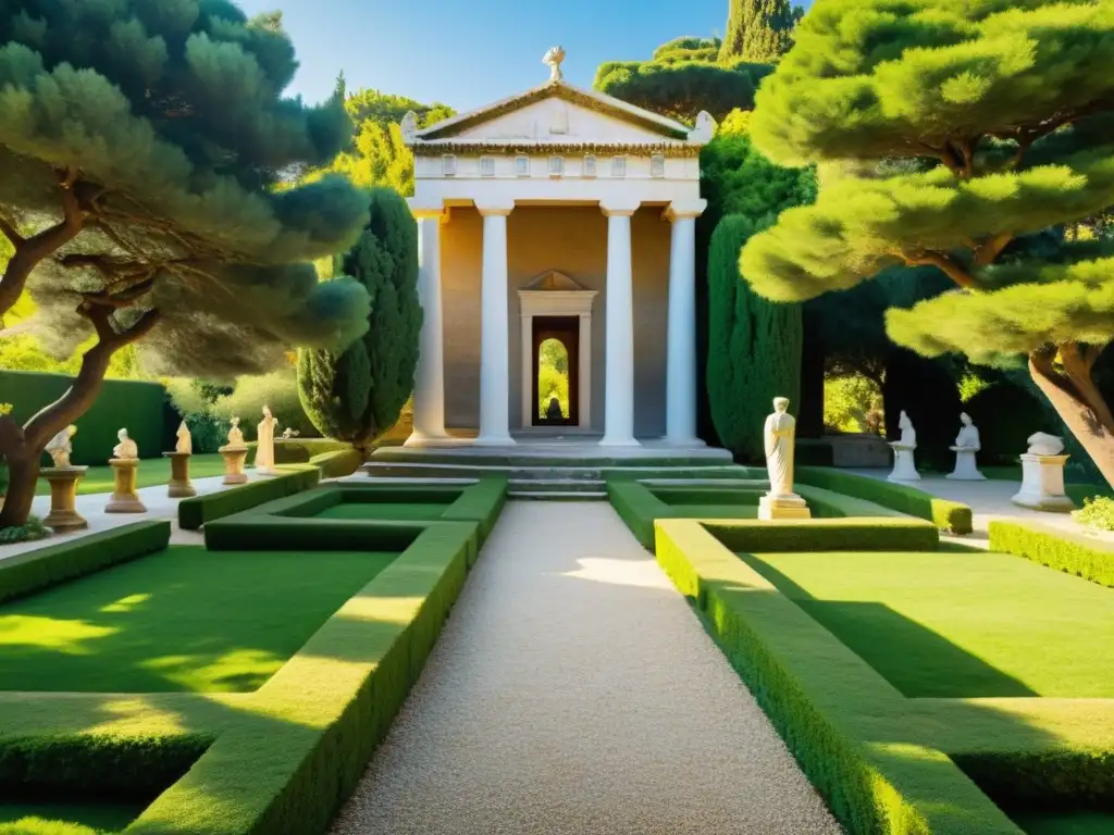 Jardín sereno de inspiración griega con estatuas de filósofos, exudando sabiduría y la búsqueda de la excelencia personal con Aristóteles