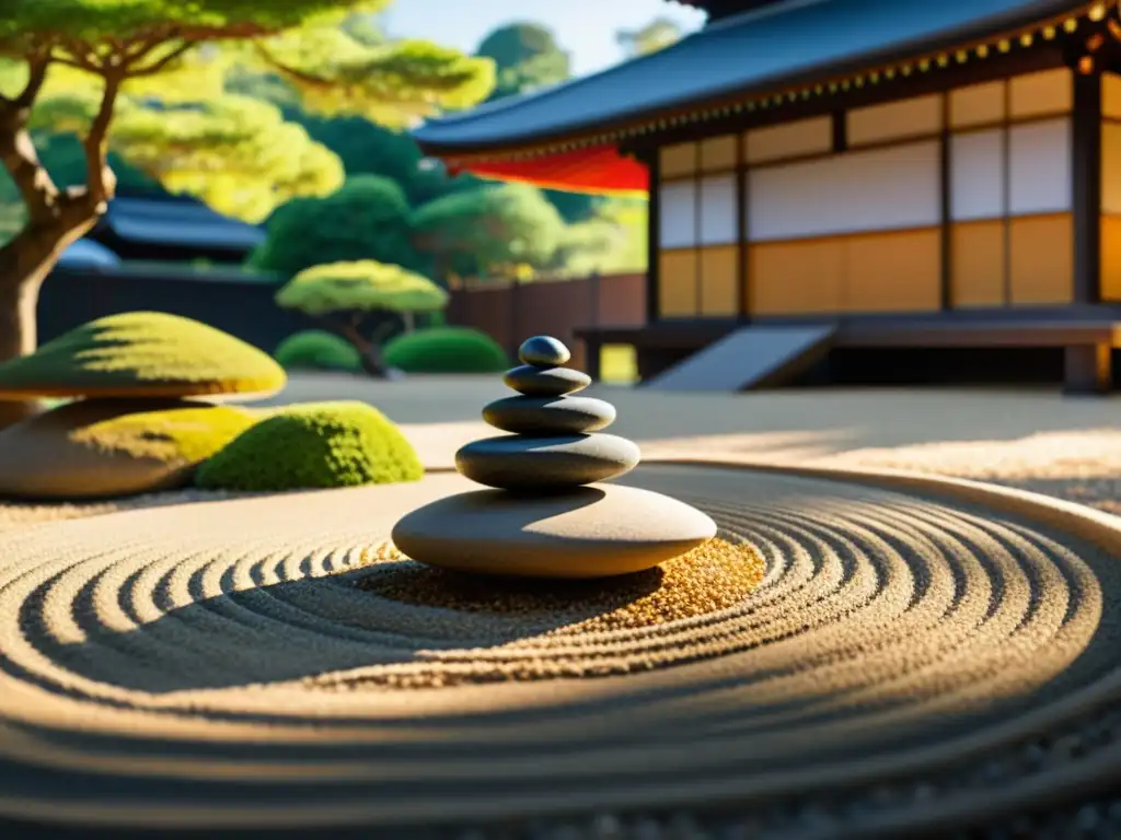 Un sereno jardín Zen japonés con rocas, vegetación exuberante y una pagoda al fondo