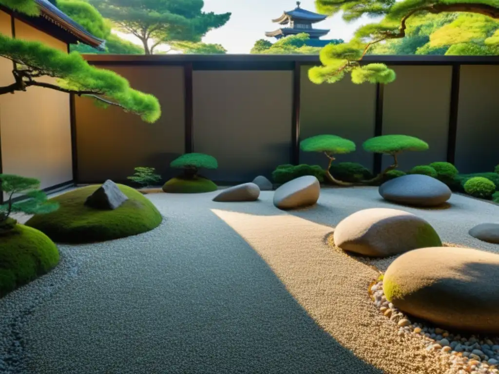 Un jardín zen sereno en Kyoto, Japón, con rocas y vegetación