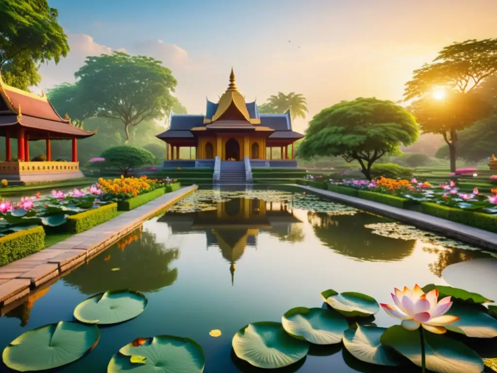 Jardín de meditación hindú sereno con loto y templo, enseñanzas hindúes meditación paz interior