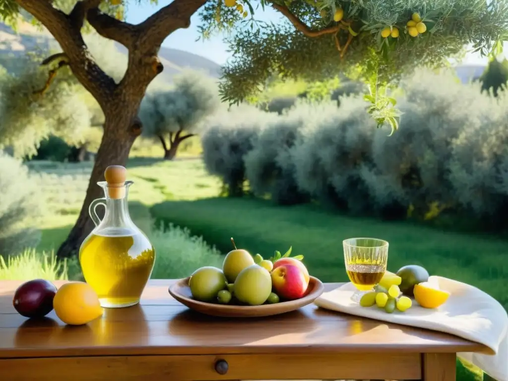 Jardín sereno con mesa rústica, frutas frescas, aceite de oliva y queso