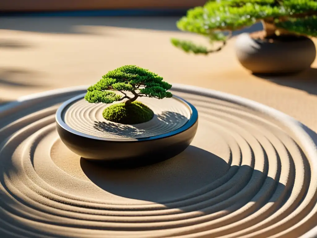 Un jardín Zen sereno con patrones de arena y un bonsái