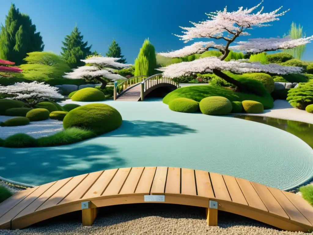 Jardín Zen sereno con patrones en la grava, puente de madera sobre estanque y flores de cerezo