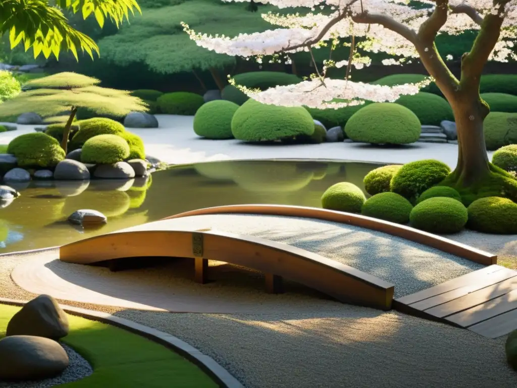 Un jardín Zen sereno con piedras cubiertas de musgo, un puente de madera sobre un estanque tranquilo y árboles de cerezo