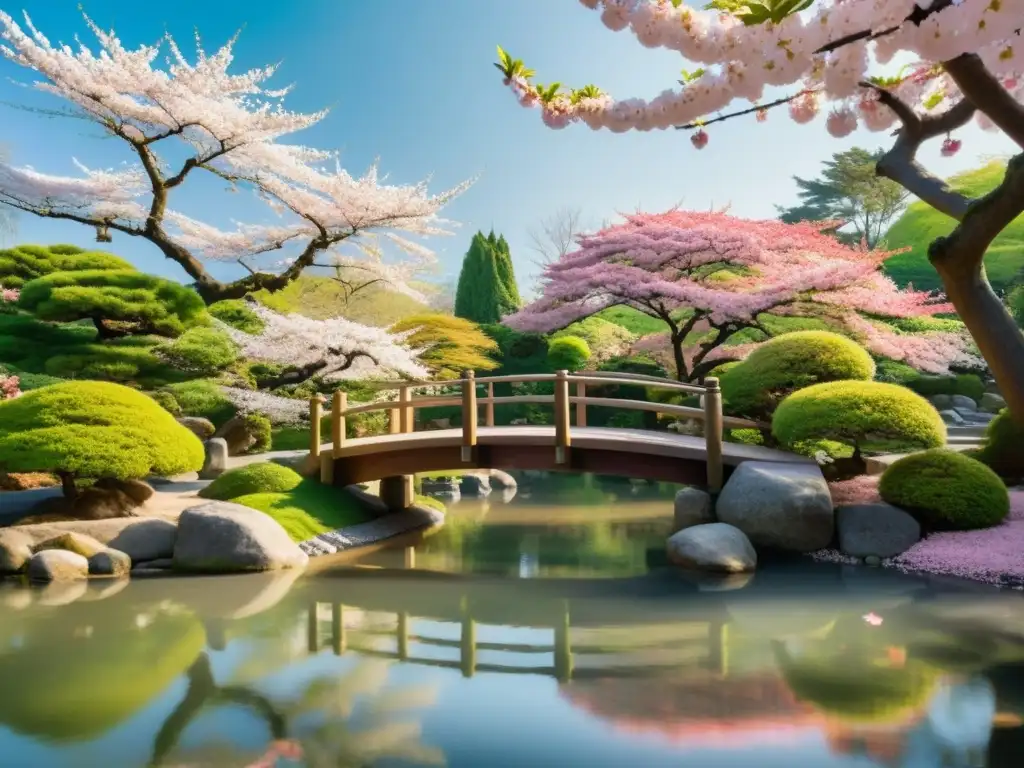 Jardín japonés sereno con práctica de filosofía Zen para serenidad, estanque, puente de madera y cerezos en flor