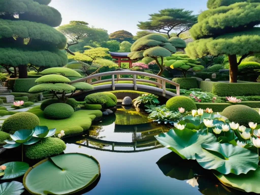 Jardín sereno con puente japonés y estatua griega, fusionando Neoplatonismo y Budismo en encuentros sincretistas