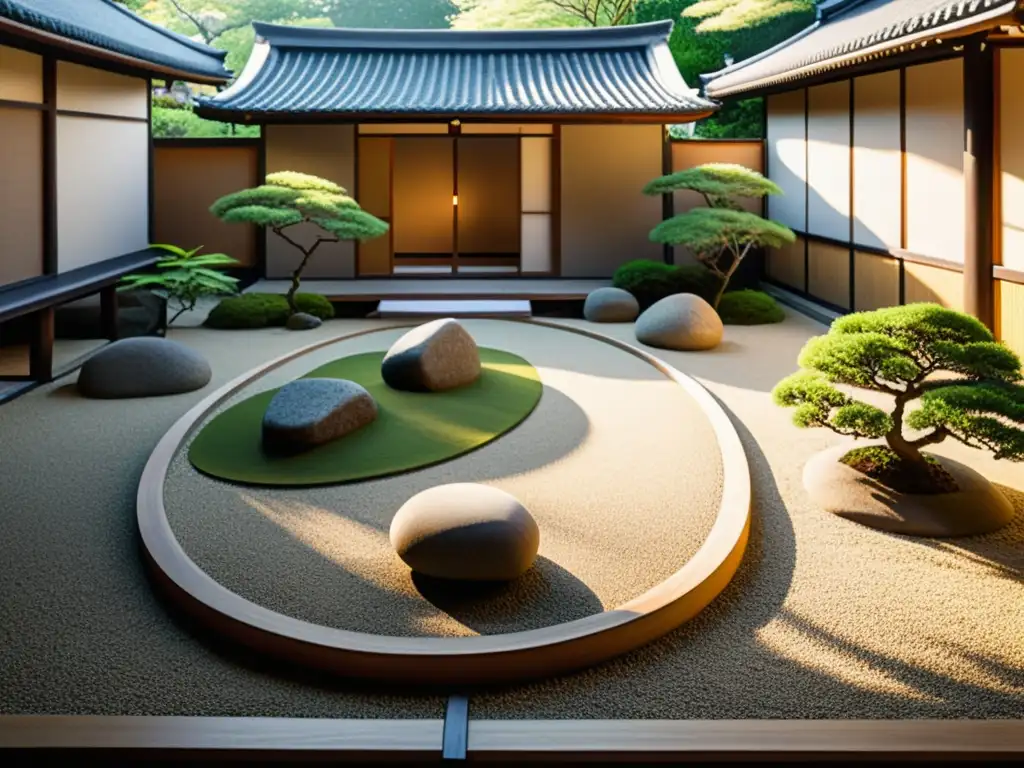 Jardín Zen: Armonía y Serenidad Japonesa Un jardín Zen sereno con rocas, gravilla y vegetación, iluminado por el sol entre las hojas
