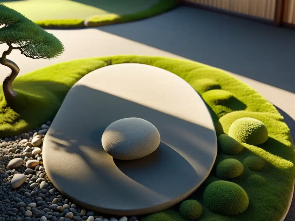 Jardín zen sereno con rocas, musgo verde y luz solar filtrada