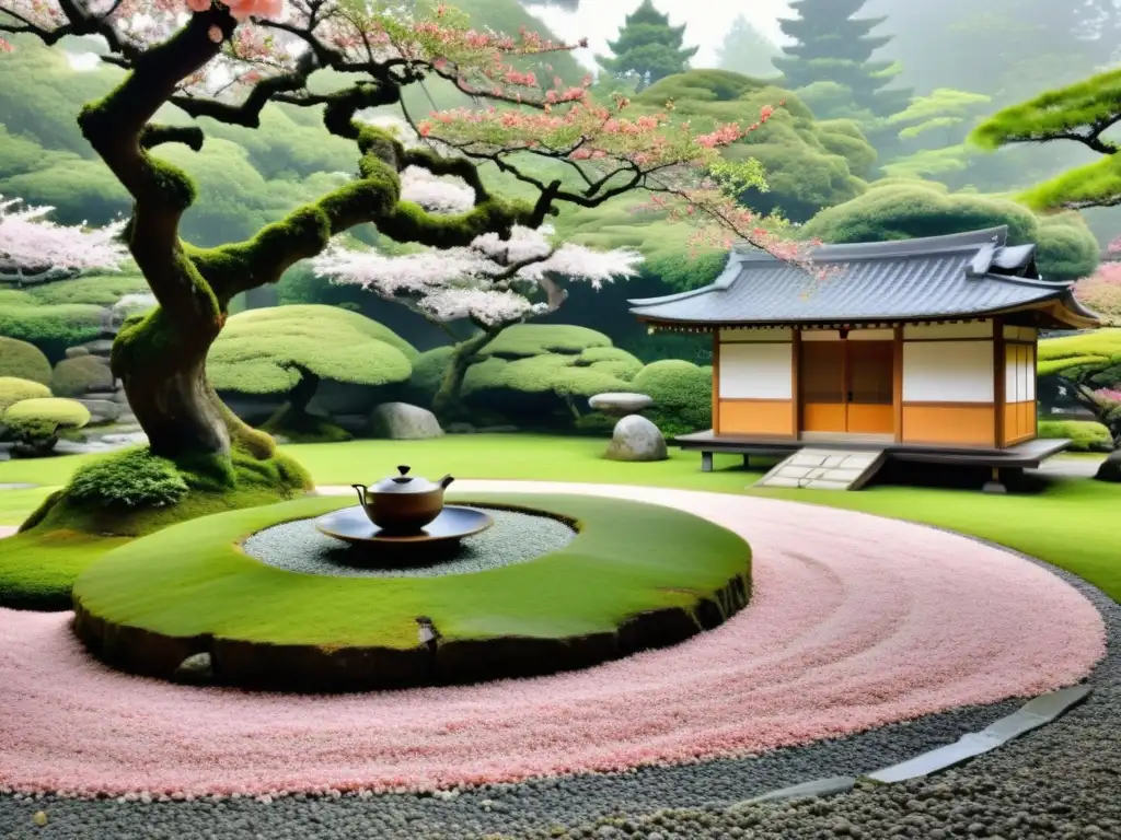 Jardín japonés: armonía y samurai en meditación Jardín japonés sereno con samurái en meditación, árbol de cerezo en flor y casa de té