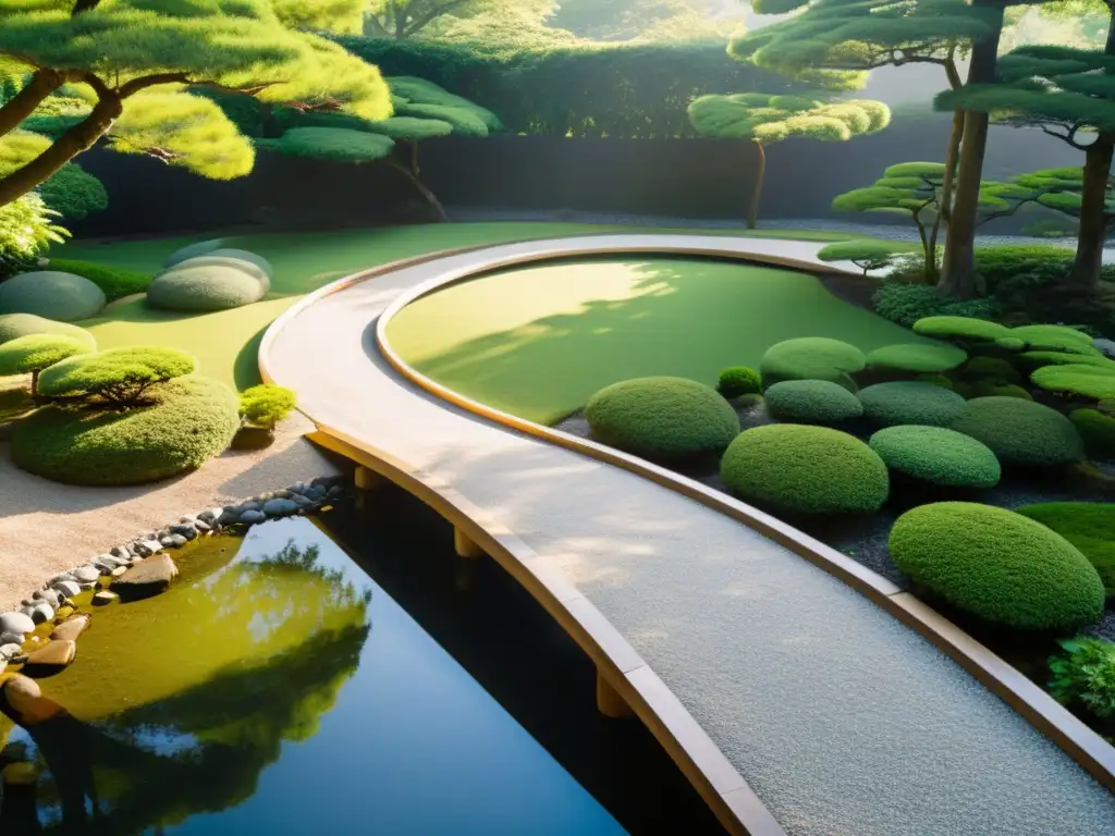 Jardín japonés sereno con sendero de piedra que lleva a un estanque tranquilo, reflejando la filosofía del Kaizen para desarrollo