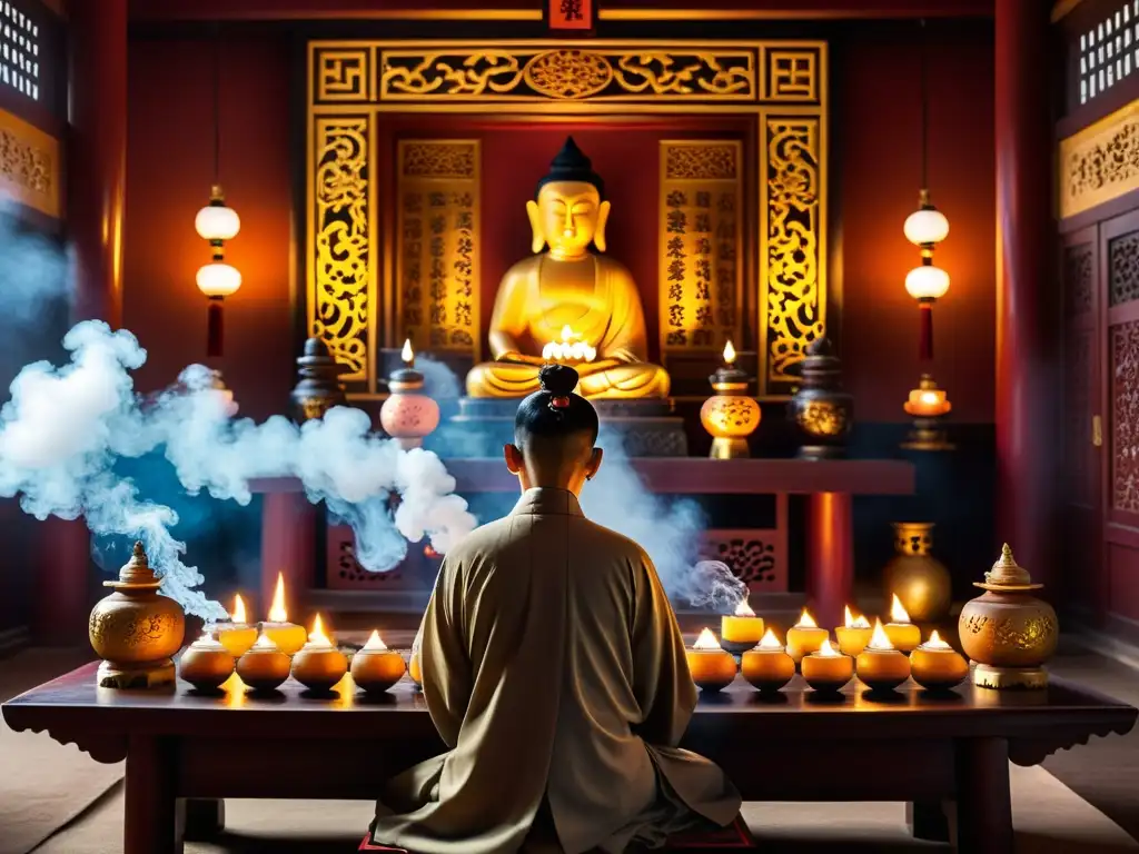 Dentro de un sereno templo taoísta, el Maestro medita en paz, rodeado de velas e incienso, evocando la iluminación del Tao