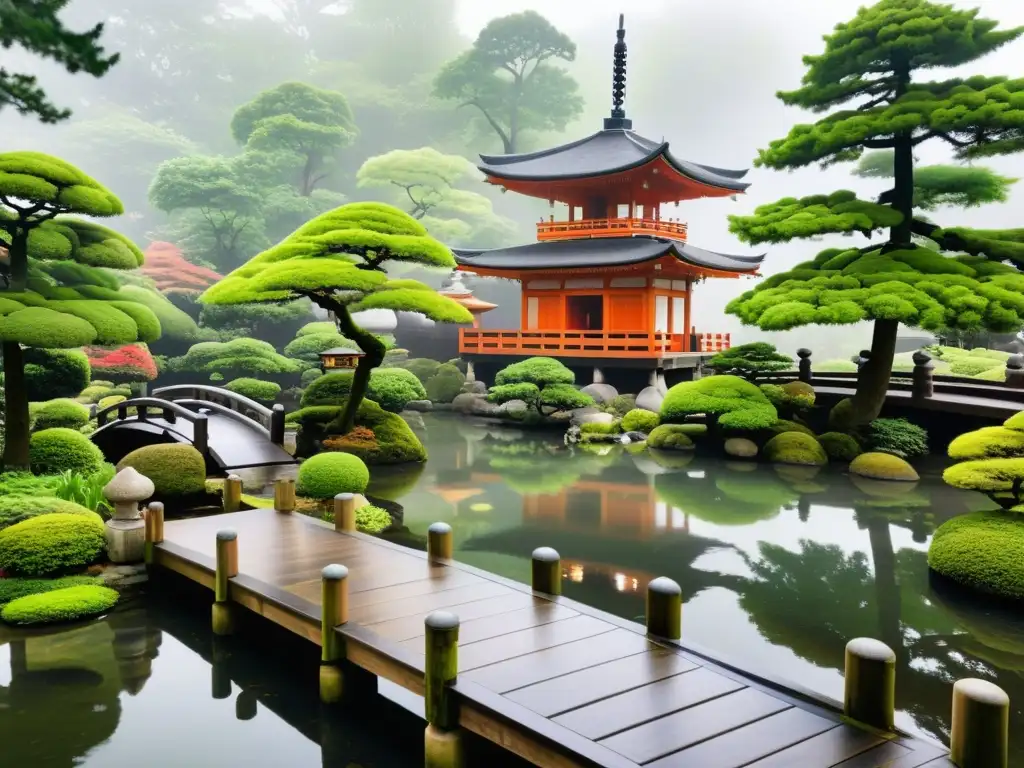 Jardín japonés sereno con musgo verde vibrante, estructuras de madera tradicionales y faroles de piedra