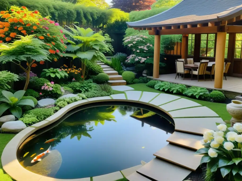 Jardín sereno con verdes exuberantes, flores coloridas y un estanque con peces koi