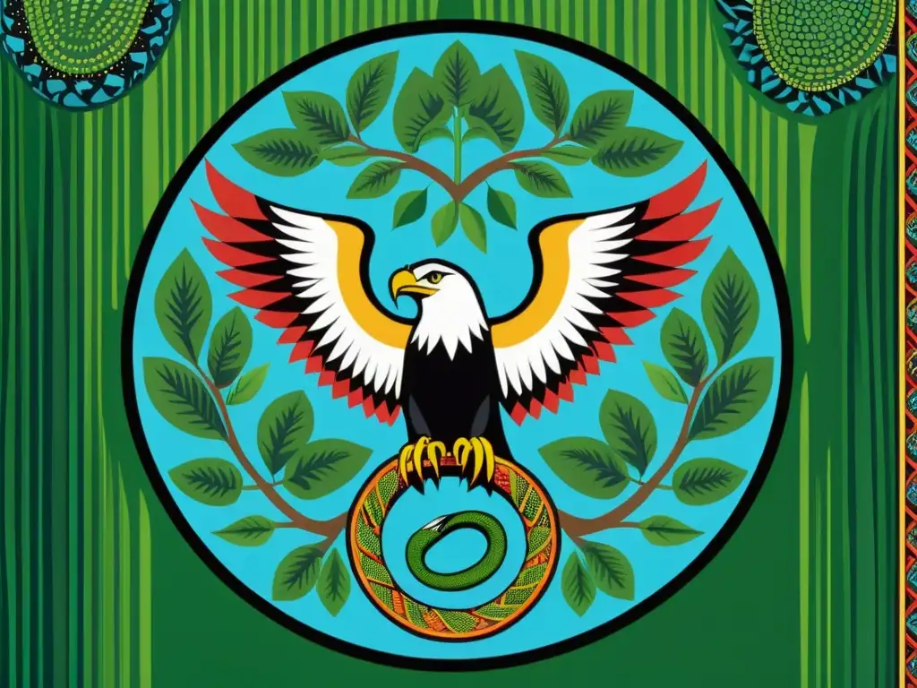 Tapiz indígena de águila y serpiente entrelazados en exquisitos detalles, simbolizando la filosofía indígena, totemismo y espiritualidad