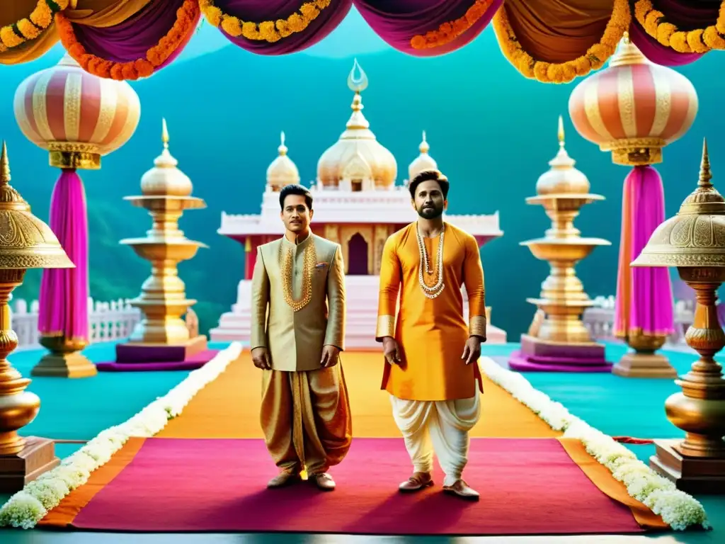 Un set de película vibrante y detallado con actores vestidos con atuendos tradicionales hindúes