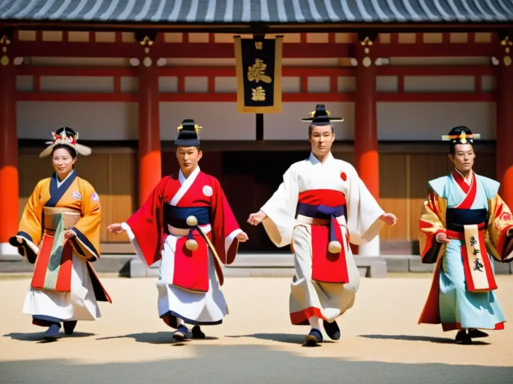 Práctica del Shinto en el extranjero: Sacerdotes realizan danza Kagura con vestimenta ceremonial y máscaras en un santuario, rodeados de espectadores internacionales