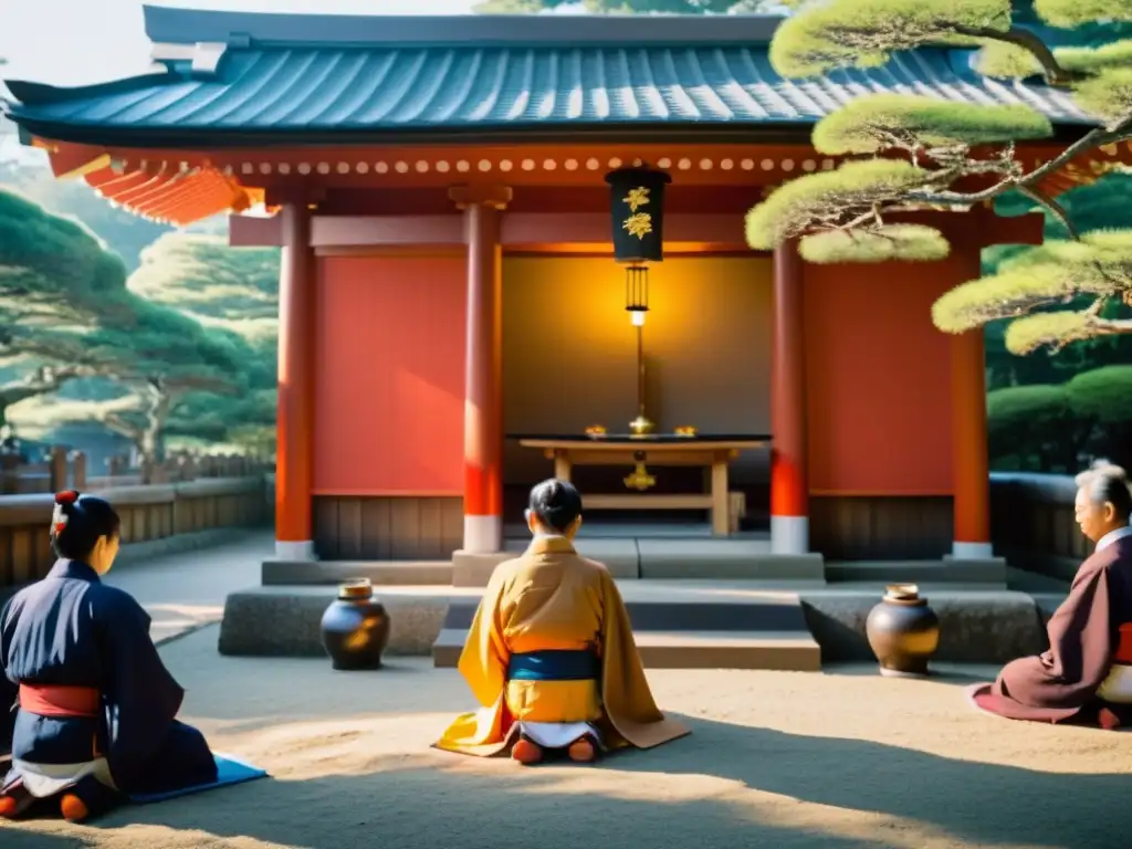 Práctica del Shinto en el extranjero: Grupo internacional ofrece oraciones y ofrendas en un santuario japonés, bajo la cálida luz del sol entre antiguos árboles