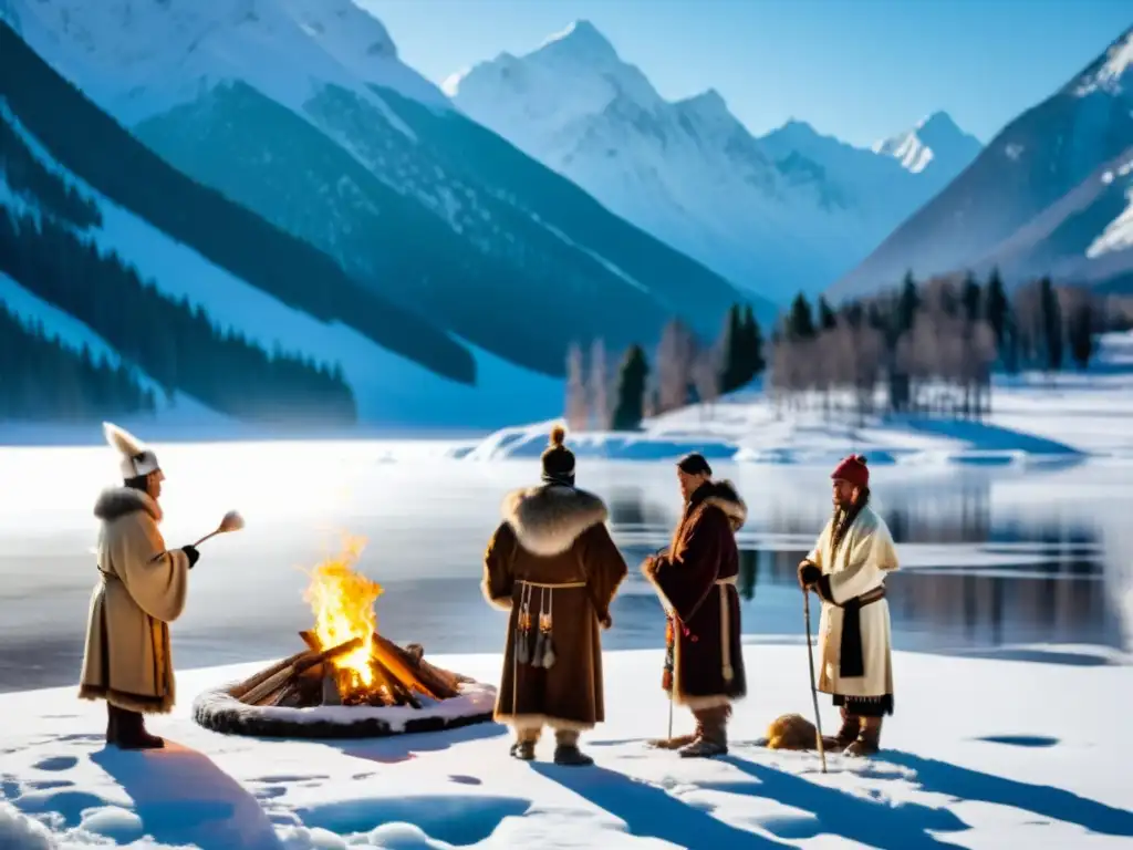 Siberian shamans realizan un ritual en un lago helado, rodeados de árboles nevados y montañas