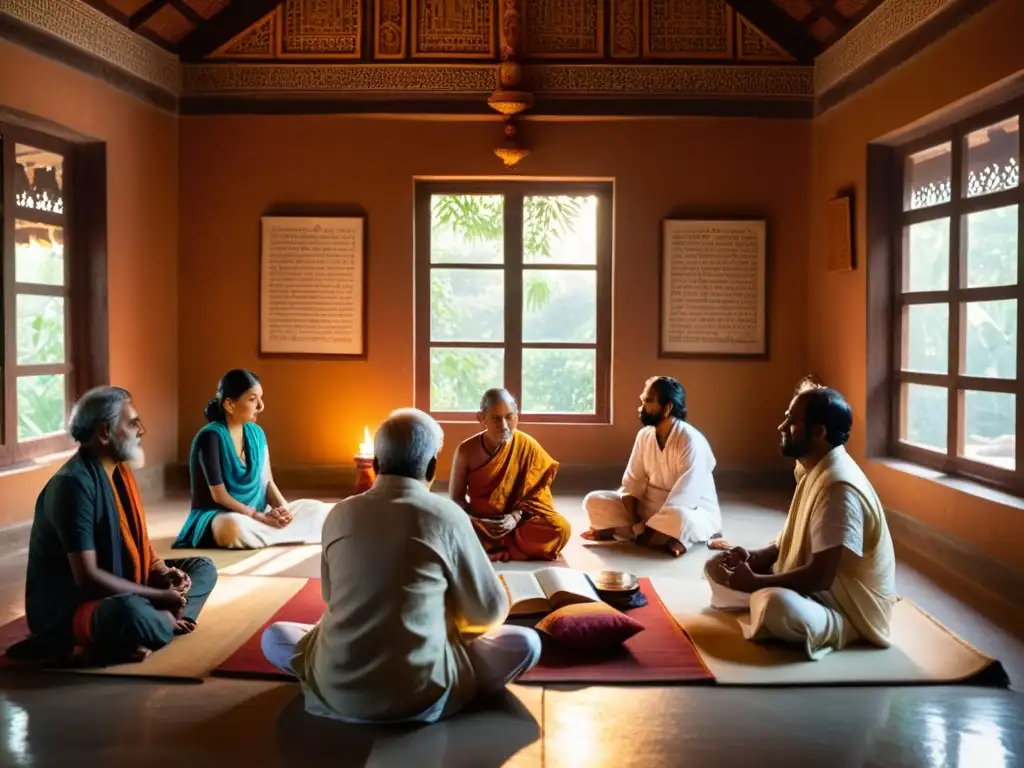 Hindu scholars discuten el significado del Dharma en un ashram iluminado por luz natural