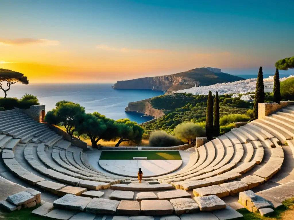 Silueta en anfiteatro griego bajo atardecer, reflejando equilibrio emocional en Aristóteles