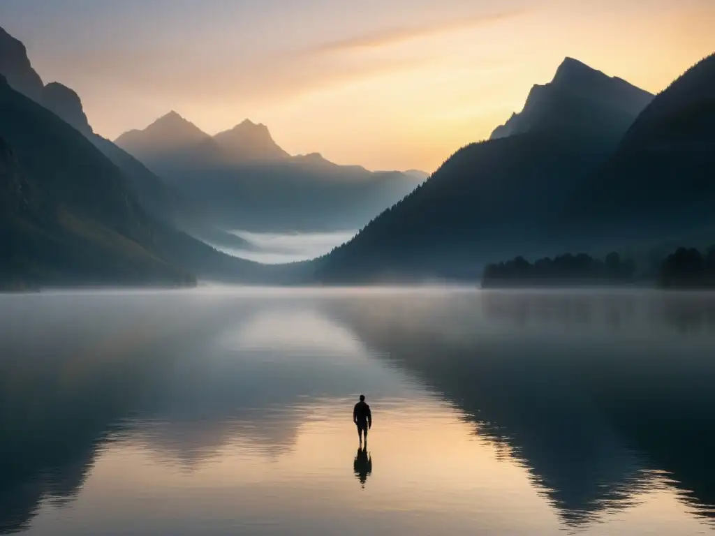 Silueta en lago tranquilo rodeado de montañas en la luz dorada del atardecer, evocando la filosofía de Schopenhauer para reducir ansiedad
