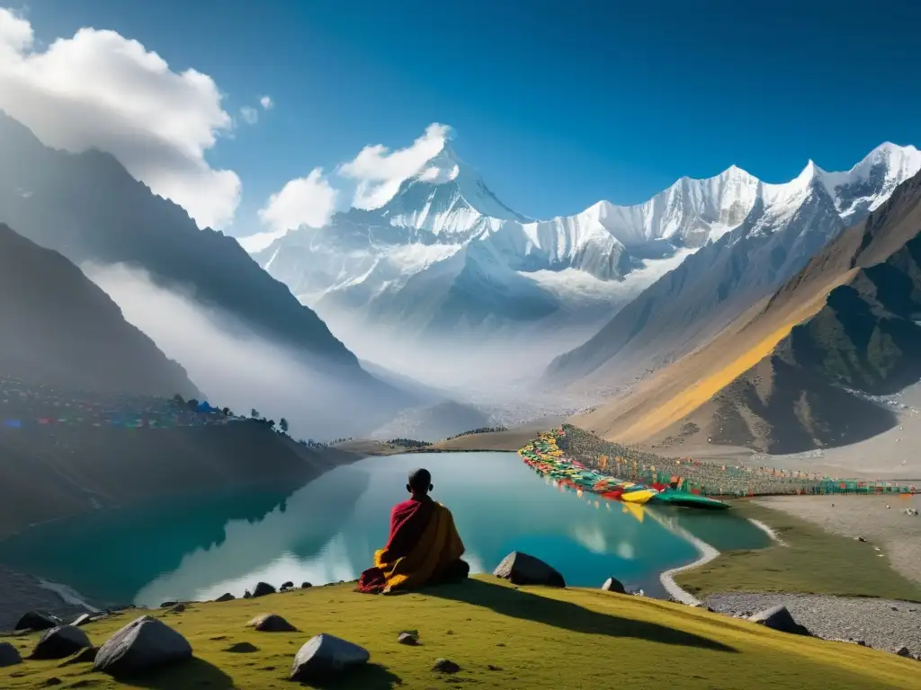 Silueta meditativa junto al lago alpino, rodeada de banderas de oración en el sereno Himalaya, evocando misterios pensamiento budista reencarnación karma